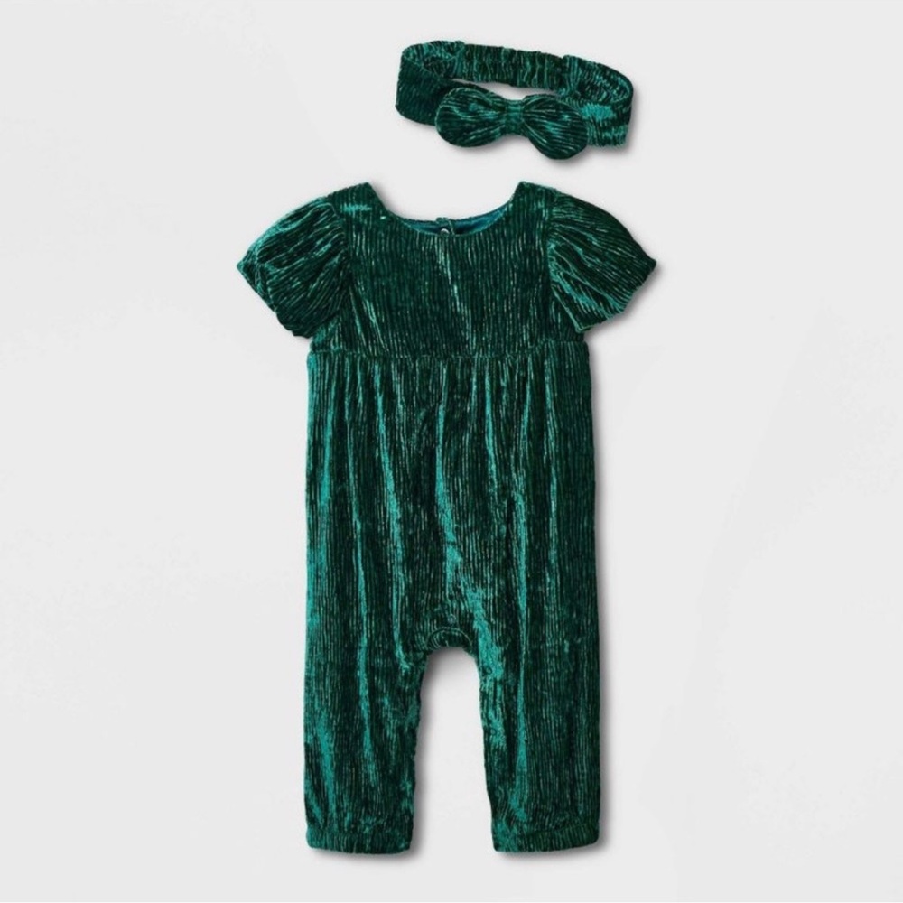 Cat & Jack Green Crinkle Crushed Velour Romper with Headband 3-6 Months